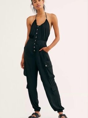 NWT Free People Oliviera Halter Jumpsuit Black Slouchy Cargo Size M